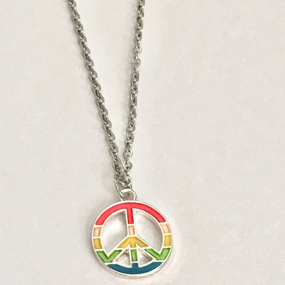 Peace Sign Pendant Choker Necklace Stainless Steel 20" Rainbow Hippie LGBT Retro - Picture 4 of 7